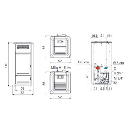 Edilkamin wasserführender Pelletofen MILLA H 12 EVO Masszeichnung | Klimaworld.com