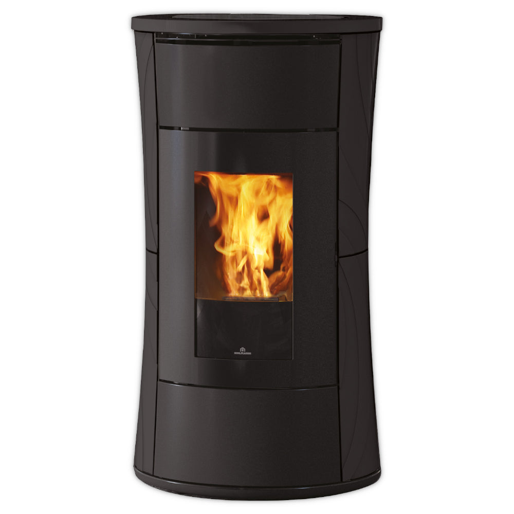 Sanduhrförmiger, schwarzer Pelletofen Cherie 9+ Evo Top von Edilkamin mit dunkelgrauer Keramikverkleidung | Klimaworld.com