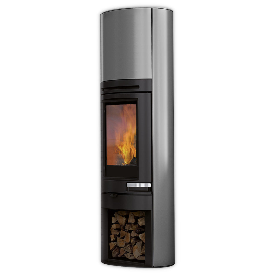 Edilkamin grauer Kaminofen Tally S Int mit Holzlagerfach und Flammenbild | klimaworld.com