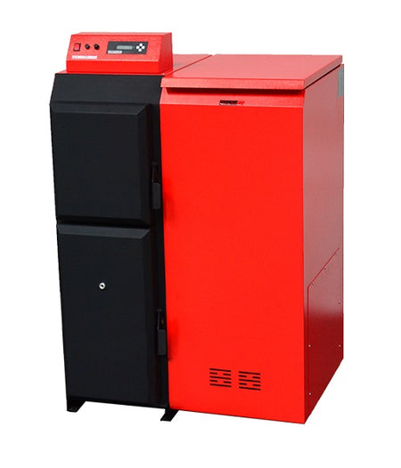 Roter Thermoflux Pelling 25 ECO Pelletkessel mit schwarzer Front und Steuerdisplay auf der Oberseite, Pelletbehaelter rechts | Klimaworld.com