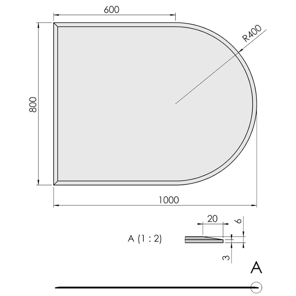 TermaTech | Bodenplatte Halbrund Facet | 800×1000×6 mm | Glas 