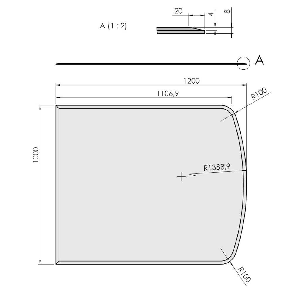 TermaTech | Bodenplatte Segmentbogen Facet | 1000×1200×8 mm | Glas
