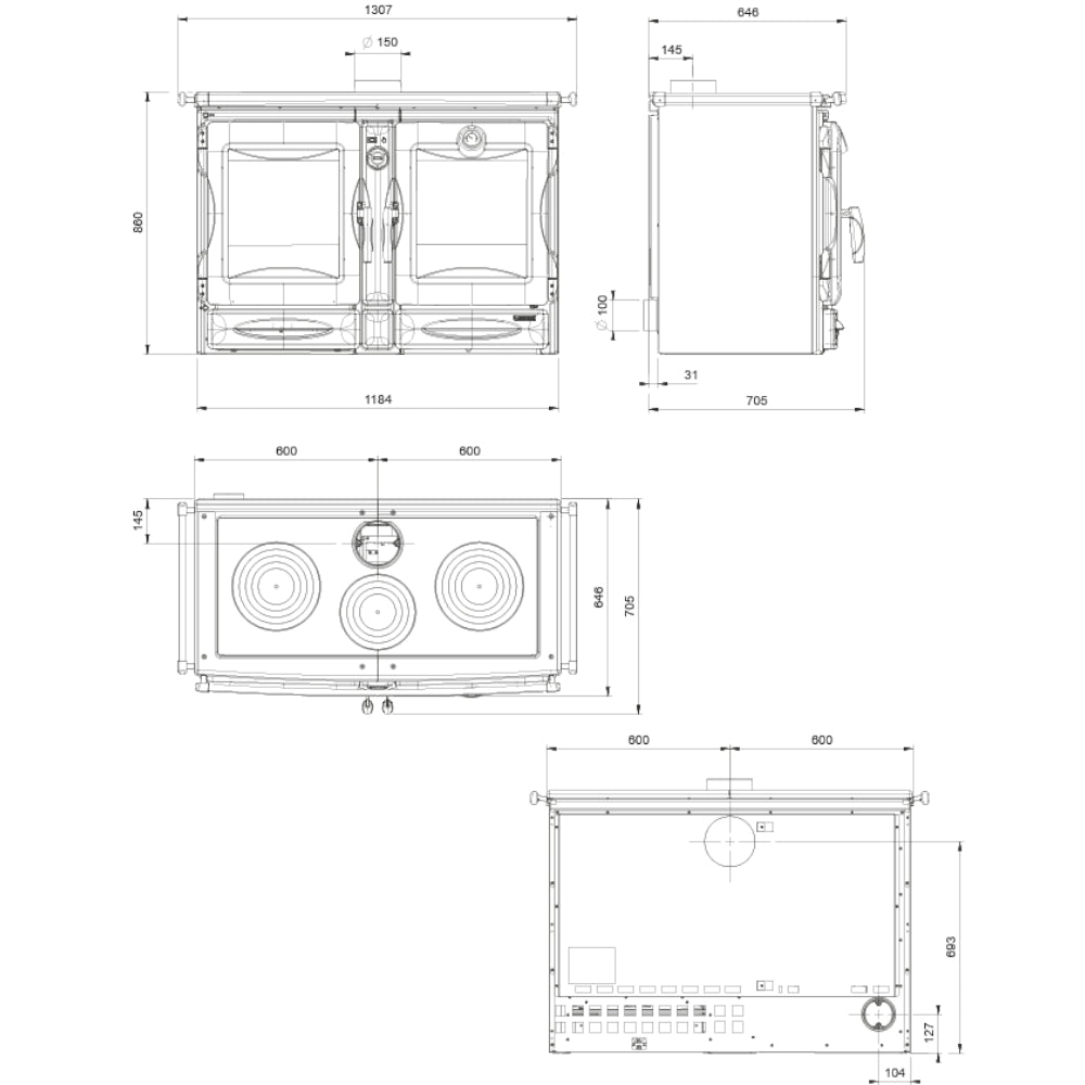 La Nordica Holzherd ALASKA.16 als technische Zeichnung mit Front-, Seiten- und Draufsicht samt Massenangaben | Klimaworld.com