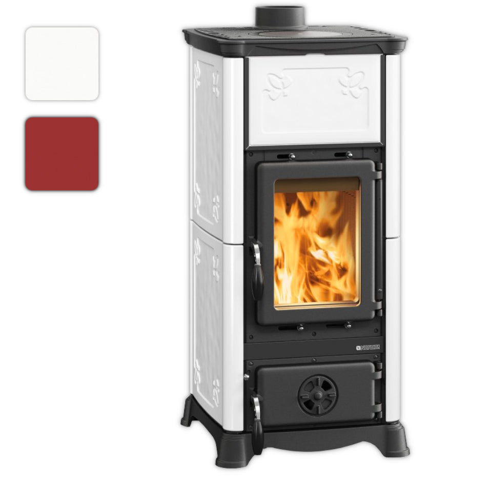 La Nordica Kaminofen EMILIANA.16 Farbauswahlbild mit Kamin in Weiss und weisser und roter Palette| Klimaworld.com