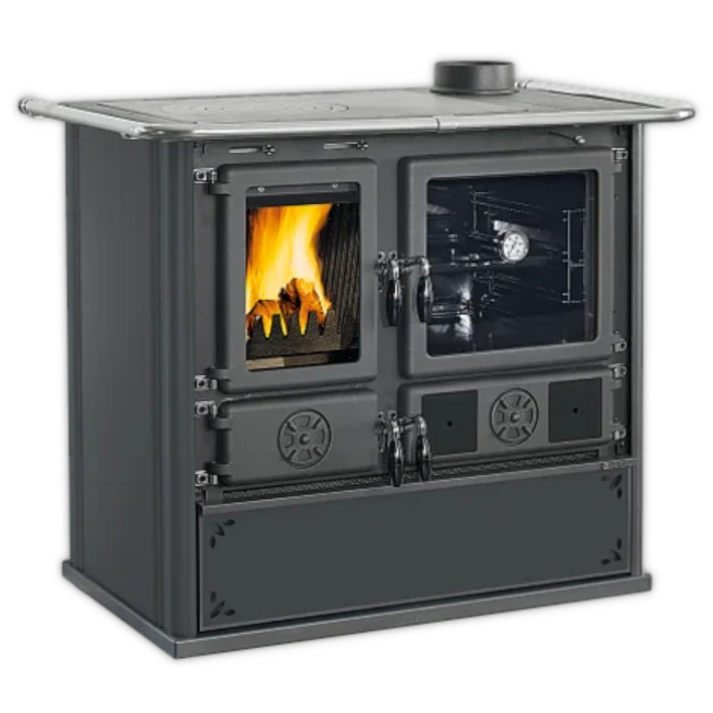 La Nordica Holzherd Kuechenofen Rosa.16 STEEL, schwarze Seiten, schwarze Front mit Sichtfenster | Klimaworld.com