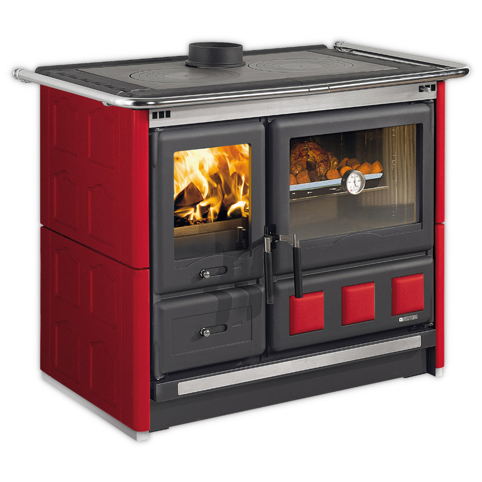 La Nordica Kuechenofen Rosa.16 XXL, schwarze Front mit roter Majolika-Verkleidung und Glasfeuerraum, Backofen mit Thermometer | Klimaworld.com
