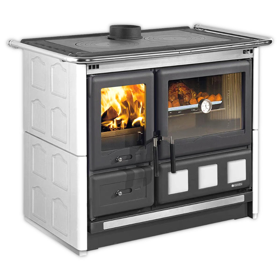 La Nordica Kuechenofen Rosa.16 XXL, schwarze Front mit weisser Majolika-Verkleidung und Glasfeuerraum, Backofen mit Thermometer | Klimaworld.com