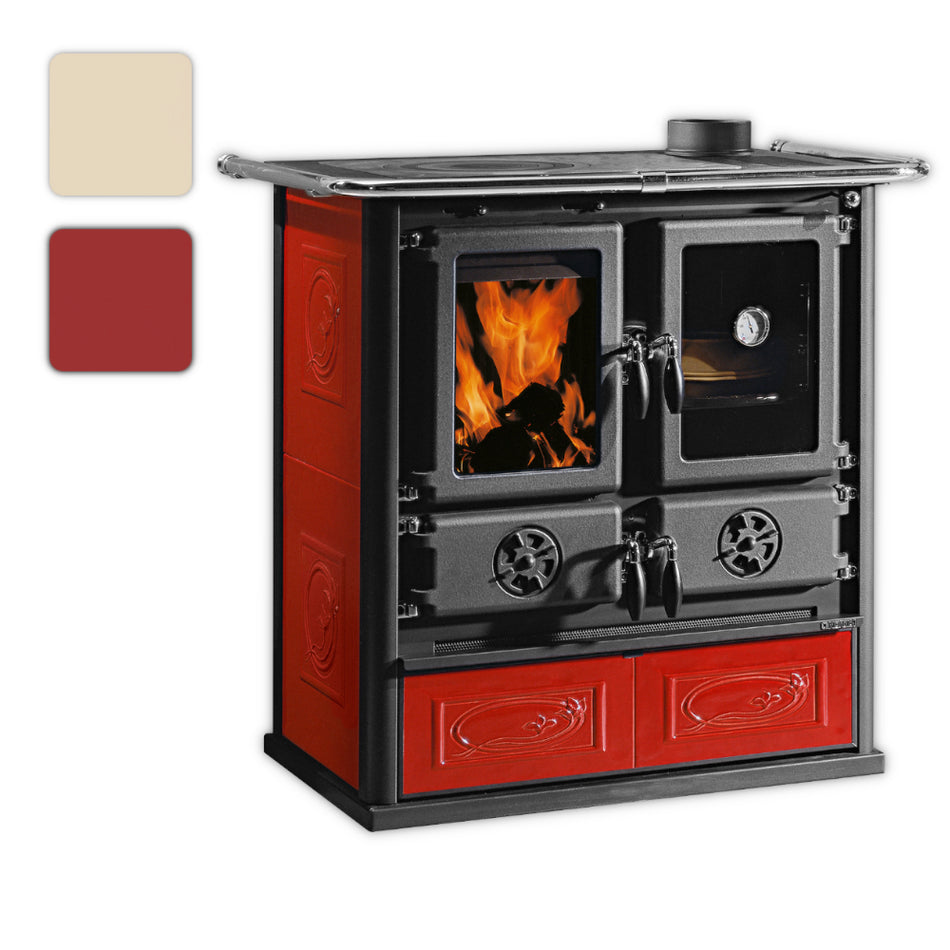 Farbwahlbild: La Nordica Kuechenofen ROSETTA.16 Ceramica, bordeauxfarbene verzierte Setien, Feuerraum links, Backfach rechts| Klimaworld.com