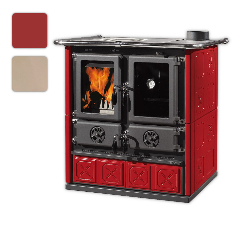 Farbwahlbild: La Nordica Kuechenofen ROSETTA.16 MAIOLICA, taupefarbige verzierte Setien, Feuerraum links, Backfach rechts| Klimaworld.com