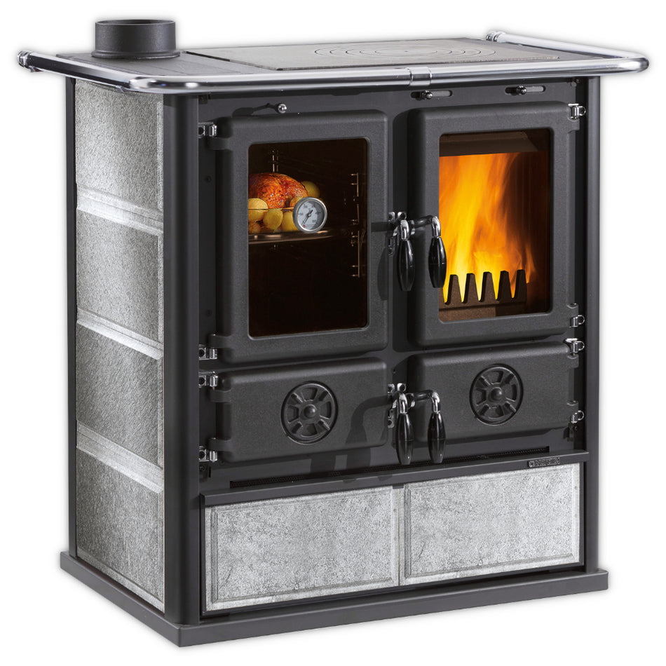 La Nordica Kuechenofen ROSETTA SX.16 Petra, Naturstein-Seiten, schwarze Front, Backofen links, Feuerraum rechts, Holzschublade | Klimaworld.com