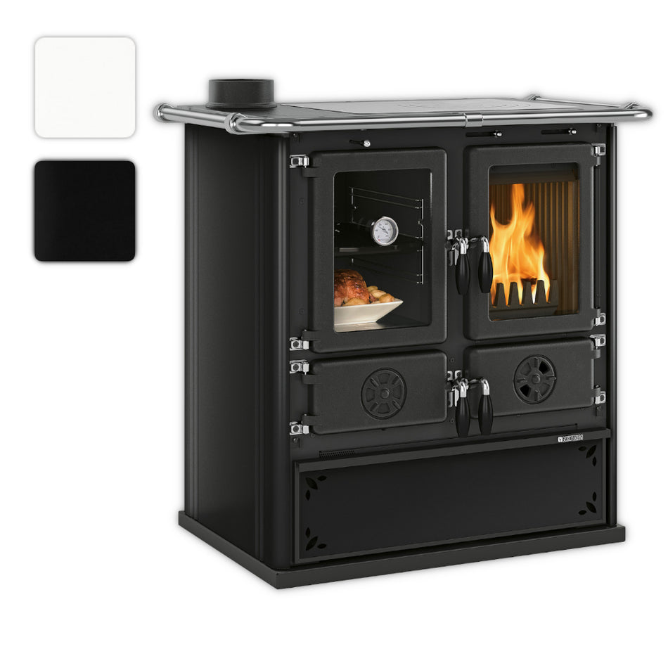 Farbwahlbild: La Nordica Kuechenofen ROSETTA SX.16, schwarze Seiten, schwarze Front, Backofen links, Feuerraum rechts, verzierte Holzschublade | Klimaworld.com