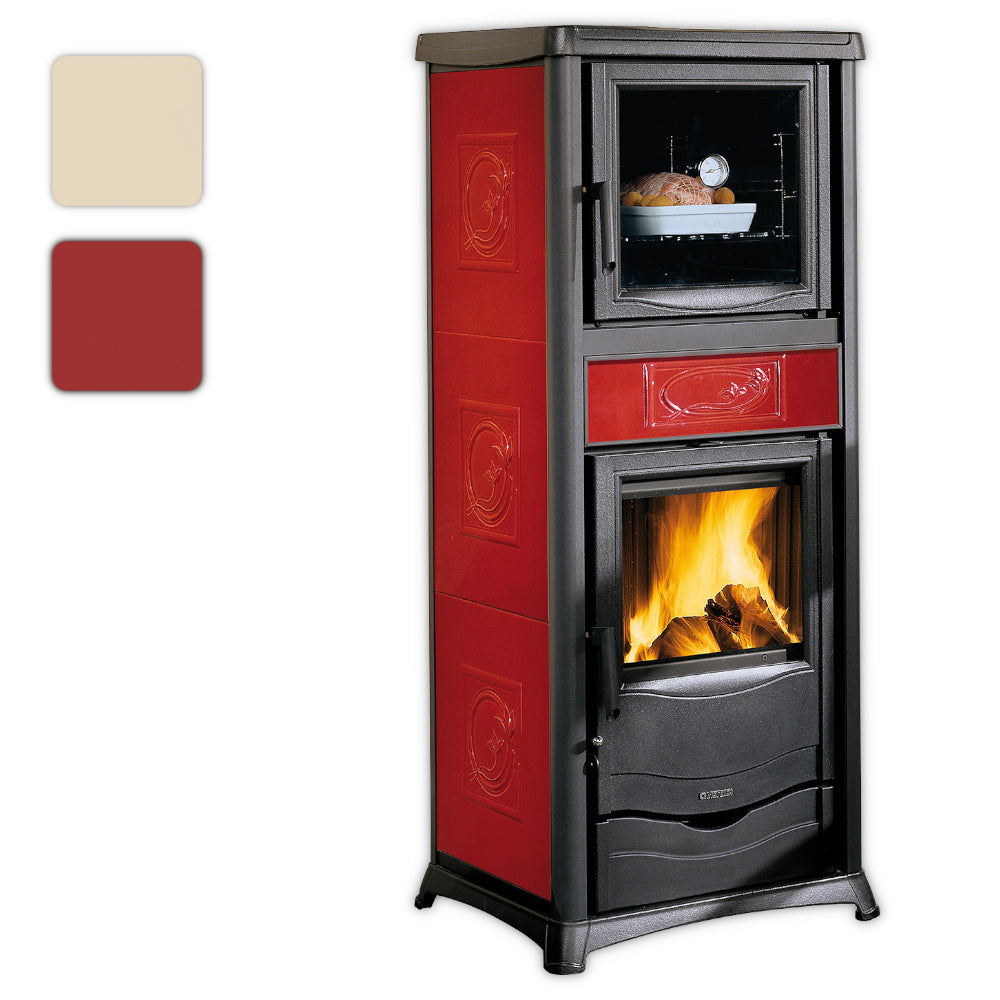 Farbwahlbild: Rosella Plus Forno.16 Ceramica mit roter Keramik, Backfach mit Brot und brennender Feuerkammer | Klimaworld.com