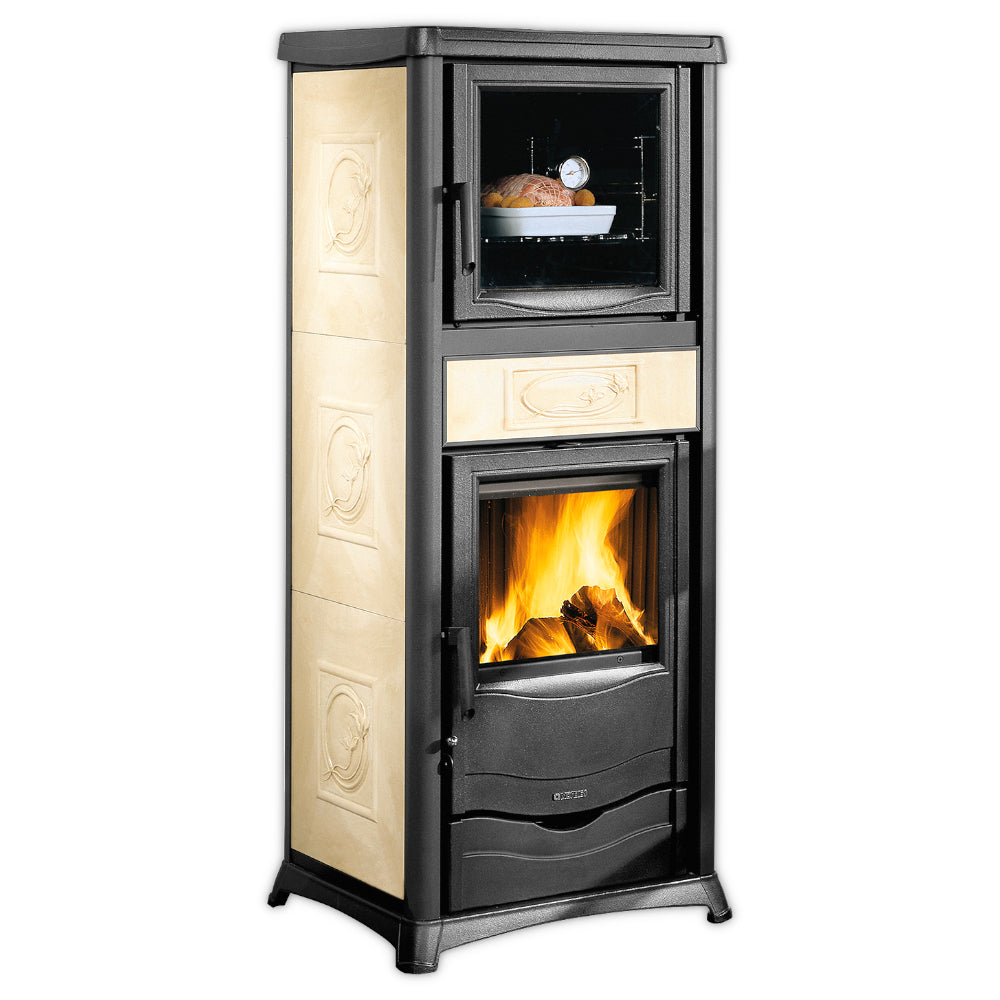 Rosella Plus Forno.16 Ceramica mit beiger Keramik, Backfach mit Brot und brennender Feuerkammer | Klimaworld.com