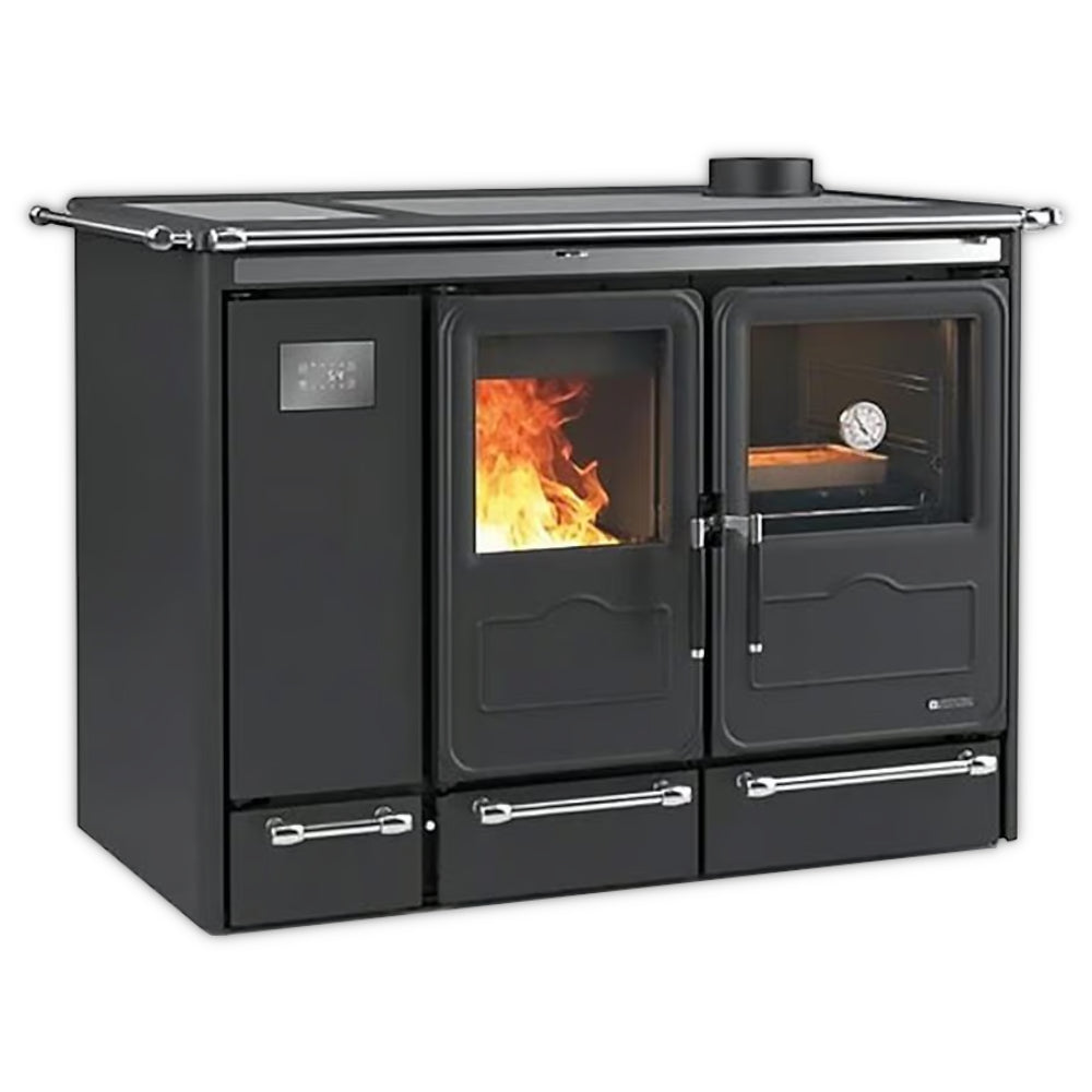 La Nordica wasserfuehrender Kuechenofen SIERRA.16 in Schwarz mit Hydraulik links, Feuerraum mittig, Backofen rechts | Klimaworld.com