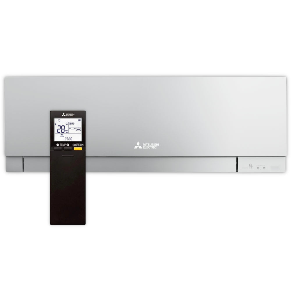 Mitsubishi Multisplit Wandgeraet MSZ-EF25VGK in silber mit glatter Front und schwarzer Fernbedienung mit LCD-Anzeige | Klimaworld.com