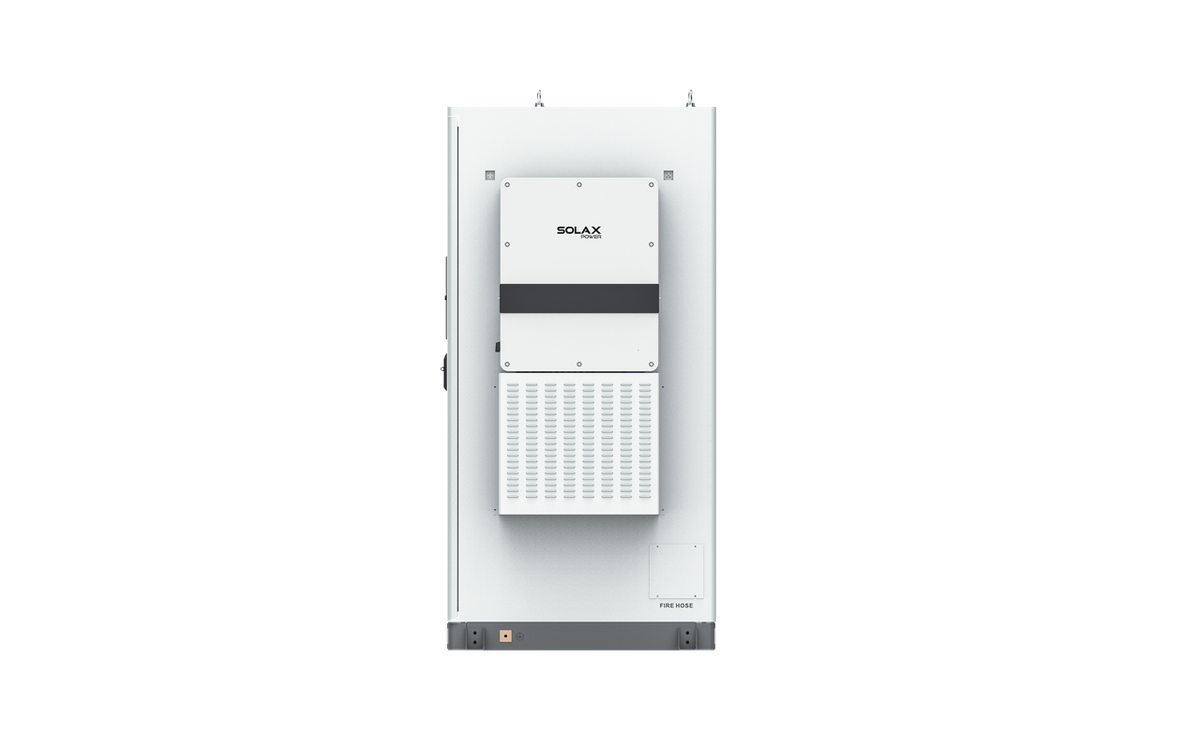 Weißer SolaX AELIO B100 Batterieschrank mit Wechselrichter X3-AELIO-60K Seitenansicht von rechts | Klimaworld