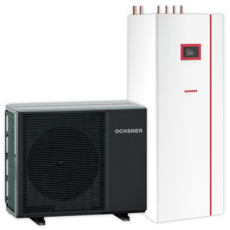 Ochsner AIR MILAN 612 T200 Multitower mit weissem Gehaeuse neben dunklem Aussengeraet mit Luefter | Klimaworld.com