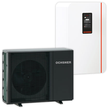 Schwarzes Luft/Wasser-Wärmepumpen Aussengeraet Ochsner AIR MILAN 612 mit grossem Luefter, daneben weisse wandhaengende Inneneinheit HM1 mit Display | Klimaworld.com