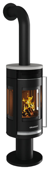 Oranier Kaminofen Rota Twist Stahl Schwarz, Abdeckplatte aus Kalkstein Bianco |klimaworld.com