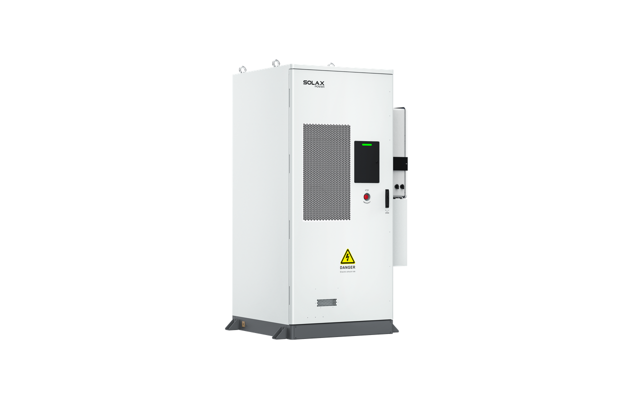 Weißer SolaX AELIO B100 Batterieschrank mit Wechselrichter X3-AELIO-49,9K Ansicht von schraeg links | Klimaworld