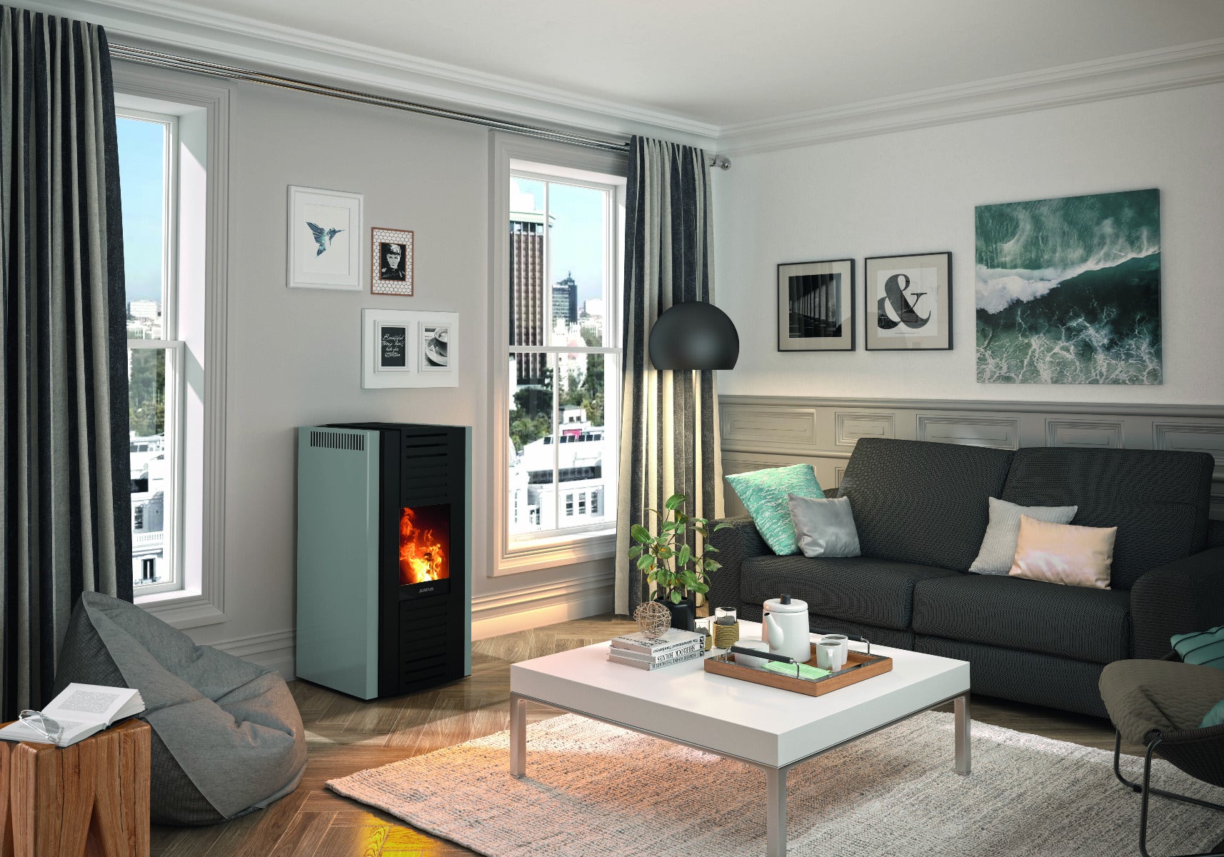 Justus wasserführender Pelletofen Sirkos Aqua 2.0 Taupe Ambiente | klimaworld.com