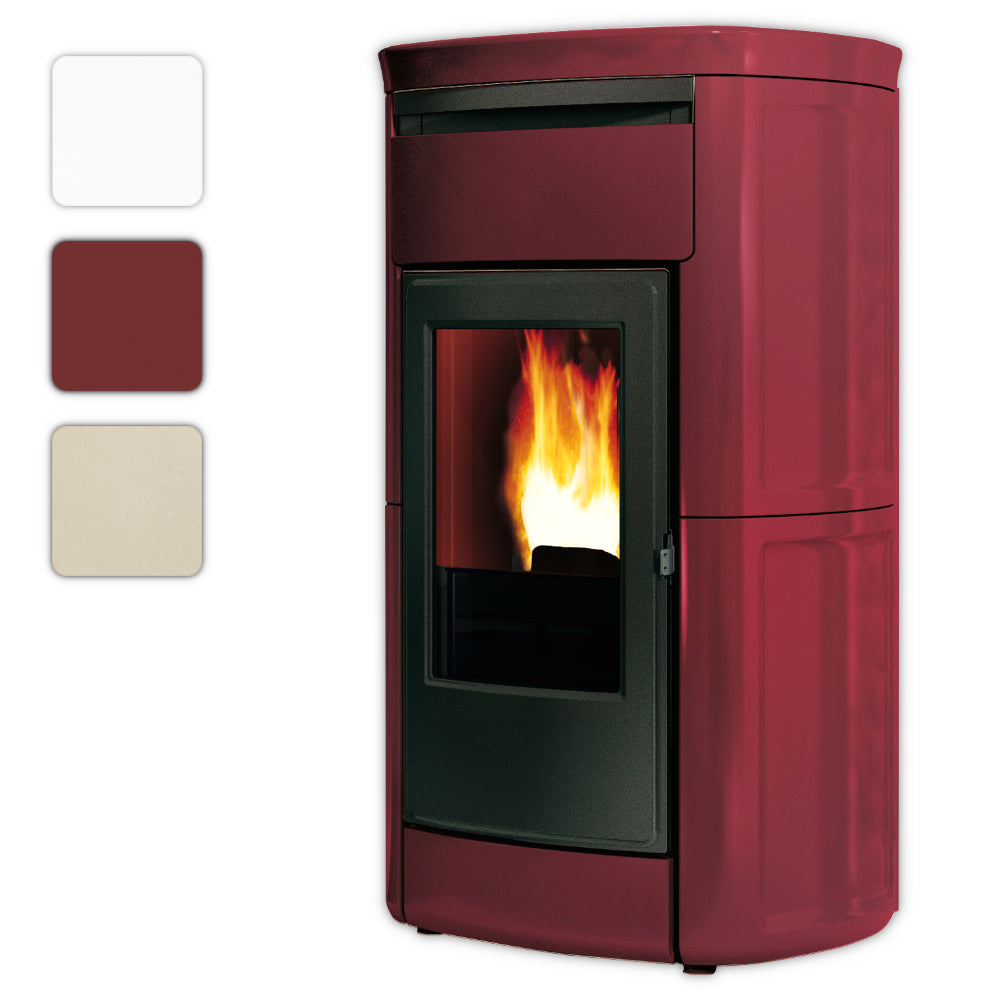 Edilkamin Pelletofen KIRA  13++ EVO mit bordeaux Keramikverkleidung und Flammenbild, Farbwahlkacheln links | klimaworld.com