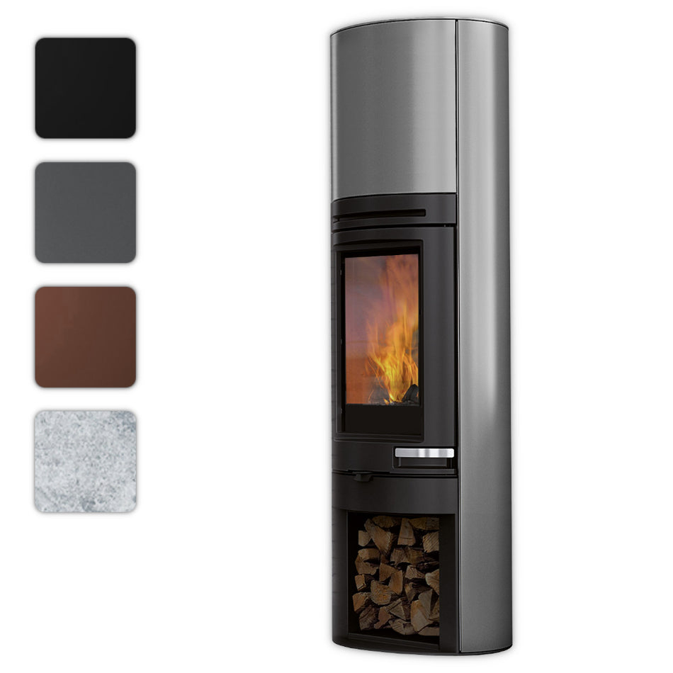 Edilkamin grauerKaminofen Tally S Int mit Holzlagerfach und Flammenbild, Farbwahlkacheln links | klimaworld.com