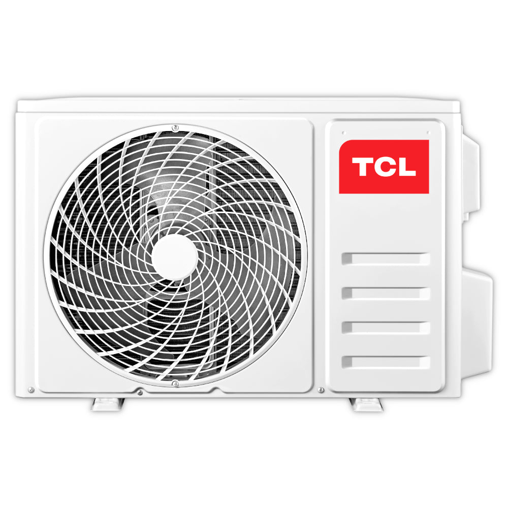 Weisses Aussengeraet der TCL Klimaanlage mit grossem Ventilatorgitter und rotem TCL-Logo | Klimaworld.com