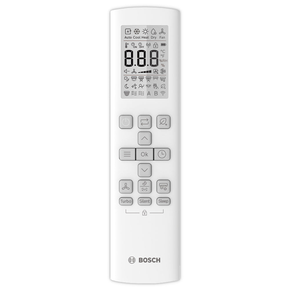 weisse Bosch Klimaanlage Fernbedienung CL3200iU 35 WE mit Display, vielen Tasten und Bosch Logo unten | Klimaworld.com
