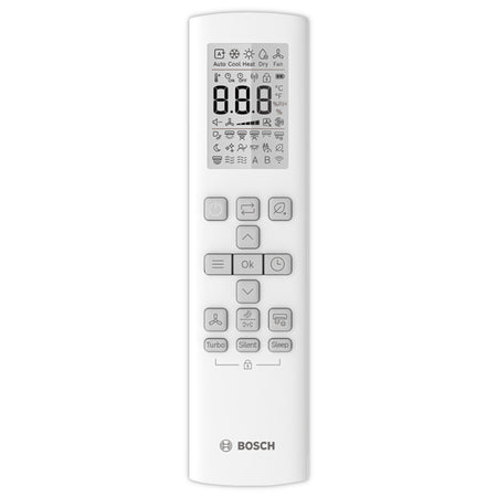 weisse Bosch Klimaanlage Fernbedienung CL WE mit Display, vielen Tasten und Bosch Logo unten | Klimaworld.com