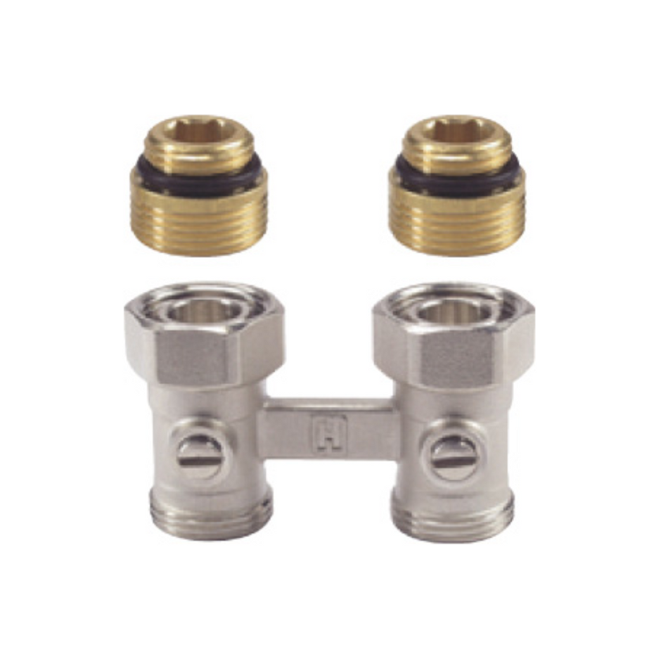 Buderus Logafix Hahn-Block HBD1/2"x3/4", Zweirohr mit zwei Messingadaptern und silbernem Ventilblock | Klimaworld.com