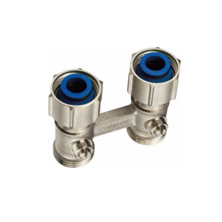 Buderus Zweirohr-Hahnblock 3/4''x3/4'' Durchgangsform, Metall, zwei Anschluesse mit blauen Dichtungen | Klimaworld.com
