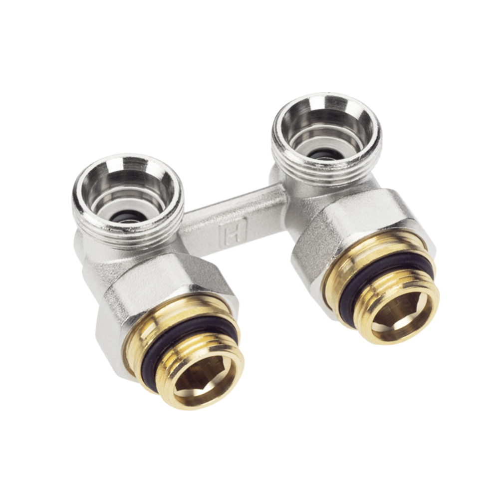 Buderus Zweirohr-Hahnblock fuer Ventilheizkoerper 3/4''x1/2'' Eckform, silbern mit Messinganschluessen | Klimaworld.com
