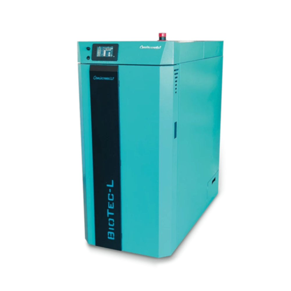 Centrometal Holzvergaser BioTec-L, tuerkiser Kessel mit Farb-Display, schwarzer Frontblende und rotem Signallicht| Klimaworld.com