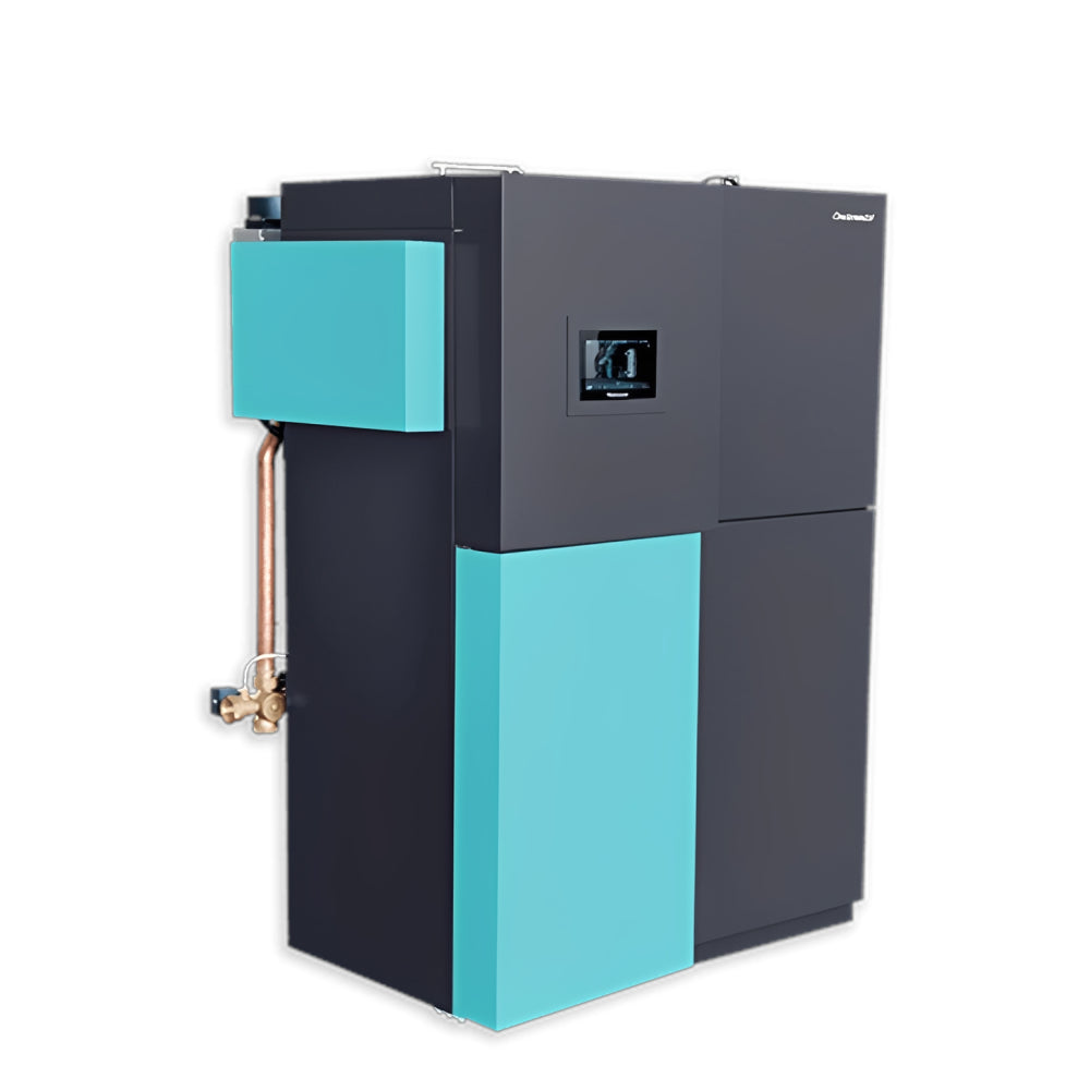 Centrometal Pelletkessel PelTec II Lambda, anthrazit-tuerkis mit Touchdisplay und seitlich sichtbarem Kupferrohr | Klimaworld.com