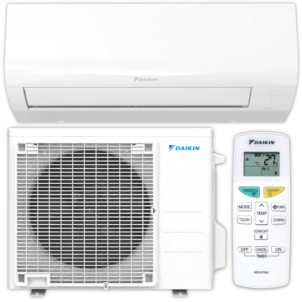 Daikin Klimaanlagen-Set Sensira: weisses Wandgeraet, Aussengeraet und Fernbedienung mit Digitalanzeige | Klimaworld.com
