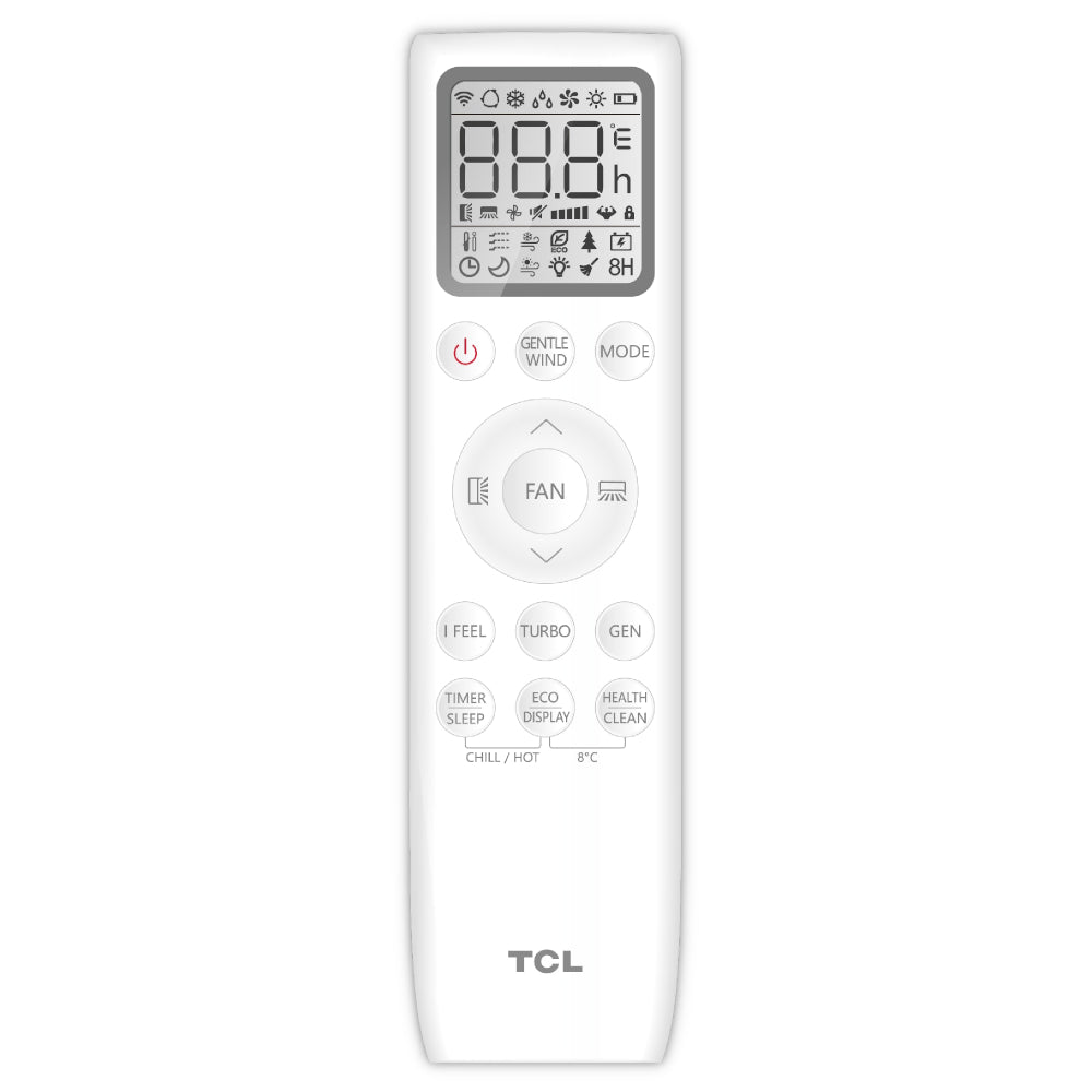 Weisse Fernbedienung der TCL TAC-CHSD Klimaanlage mit LCD-Anzeige, grauen Funktionstasten und TCL-Logo | Klimaworld.com
