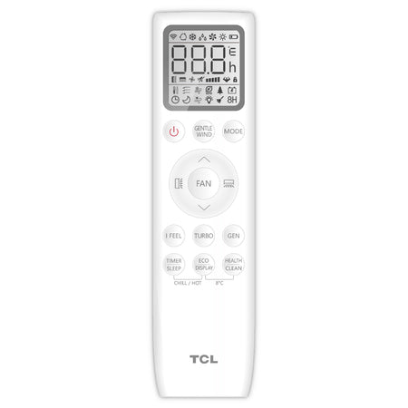 Weisse Fernbedienung der TCL TAC-CHSD Klimaanlage mit LCD-Anzeige, grauen Funktionstasten und TCL-Logo | Klimaworld.com

