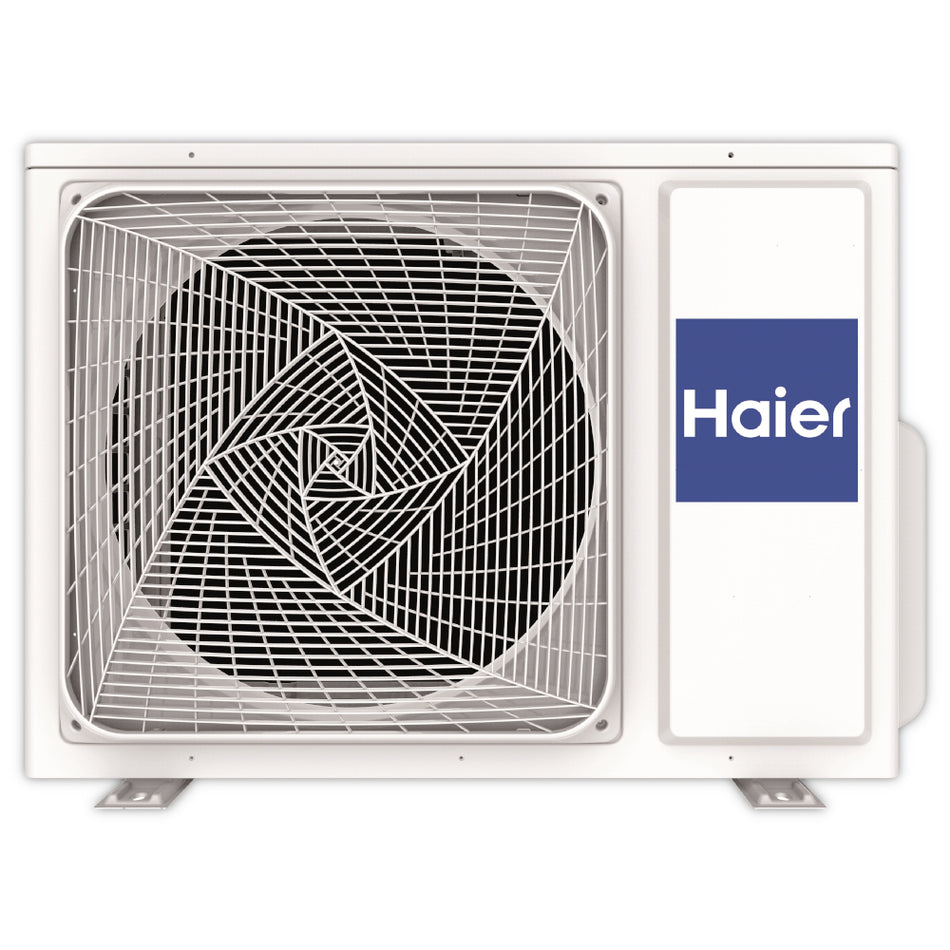 Haier Klimaanlage Aussengeraet Pearl Premium, Front mit Ventilatorgitter und blauem Haier Logo rechts | Klimaworld.com

