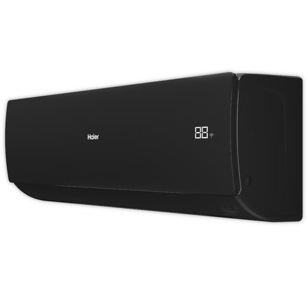Haier Klimaanlage Wandgeraet Serene in Schwarz, schraege Ansicht mit rechtem Display und abgerundeter Seitenform | Klimaworld.com

