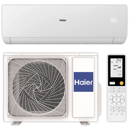 Haier Klimaanlage Serene weisses Set mit Innengeraet oben, Aussengeraet unten und Fernbedienung rechts | Klimaworld.com