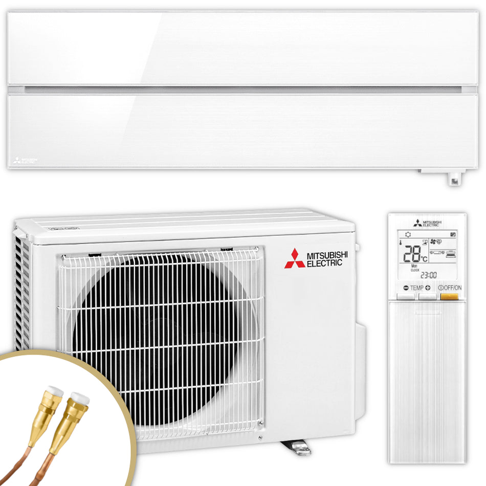 Mitsubishi Klimaanlage Set weisses Wandgeraet Diamond MSZ-LN mit weissem Aussengeraet und weisser Fernbedienung sowie Quick-Connect Anschluesse | Klimaworld.com
