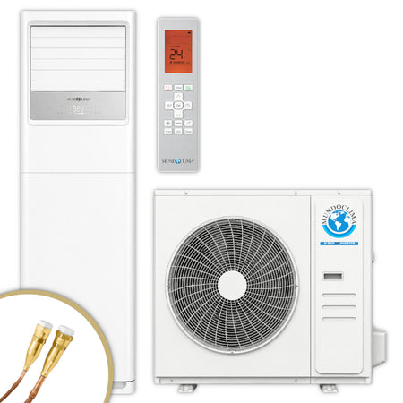 Mundoclima MUCOR-H14 Saeulenklimageraet im Set: weisse Saeule, graue digitale Fernbedienung und weisses Aussengeraet mit Ventilator, Quick-Connect Anschluesse | Klimaworld.com

