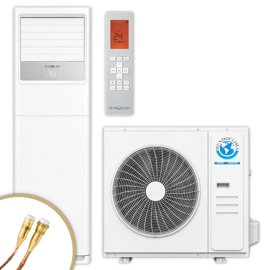 Mundoclima MUCOR-H14 Saeulenklimageraet im Set: weisse Saeule, graue digitale Fernbedienung und weisses Aussengeraet mit Ventilator, Quick-Connect Anschluesse | Klimaworld.com
