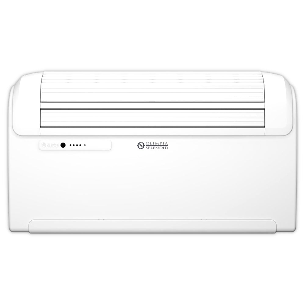 OLIMPIA SPLENDID UNICO TWIN MASTER 30 HP RFA: weisses Wandgeraet mit breitem Luftauslass und Logos | Klimaworld.com
