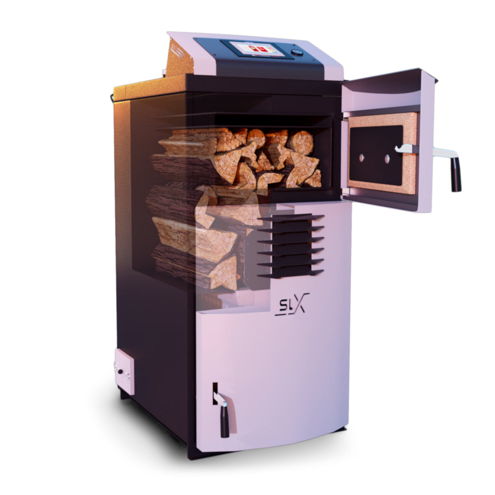 Schraegansicht des Attack Holzvergasers SLX Lambda mit geoeffneter oberer Brennkammer | klimaworld.com