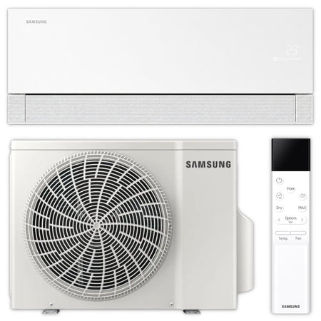 Samsung Klimaanlage WindFree Première+ mit weissem Wandgeraet, weissem Aussengeraet und weisser Fernbedienung frontal | Klimaworld.com
