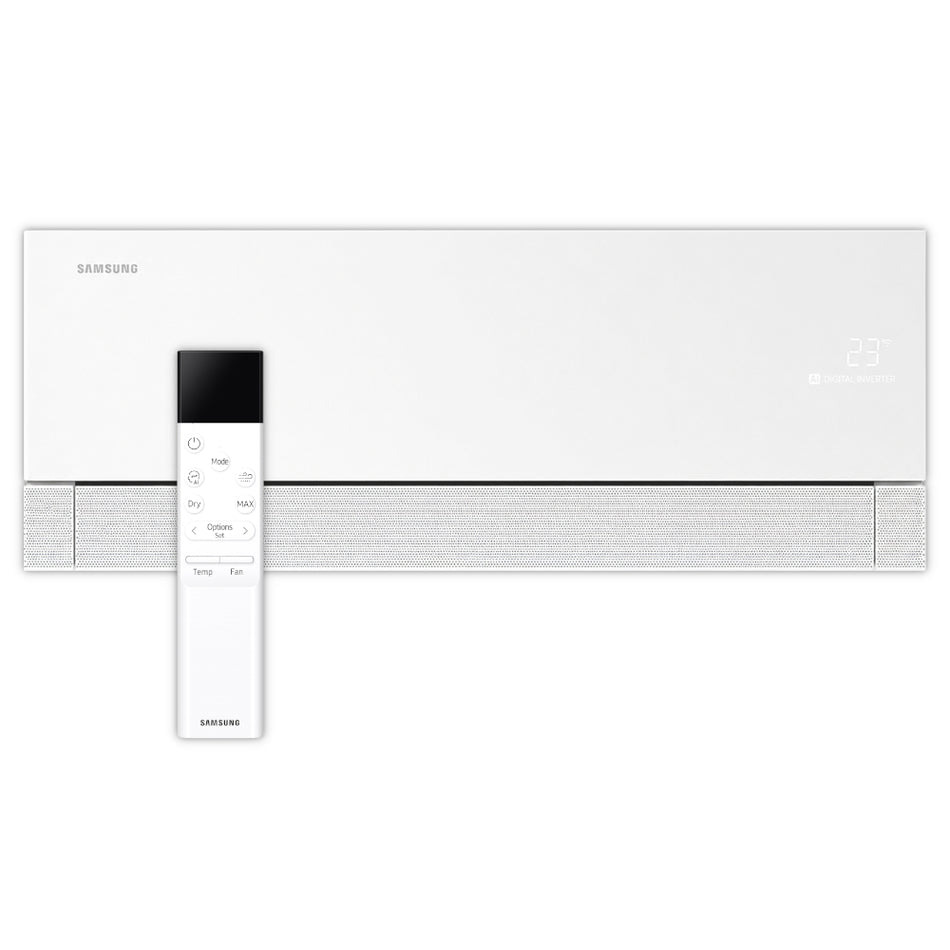 Samsung Klimaanlage Wandgeraet WindFree Première+ weiss, mit 23°-Anzeige und feinem Lochraster an Front sowie weisse Fernbedienung | Klimaworld.com
