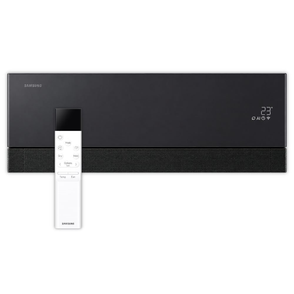 Samsung Klimaanlage schwarzes Wandgeraet WindFree Première/+, mit 23°-Anzeige und feinem Lochraster an Front sowie weisse Fernbedienung | Klimaworld.com
