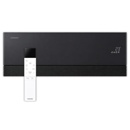 Samsung Klimaanlage schwarzes Wandgeraet WindFree Première/+, mit 23°-Anzeige und feinem Lochraster an Front sowie weisse Fernbedienung | Klimaworld.com
